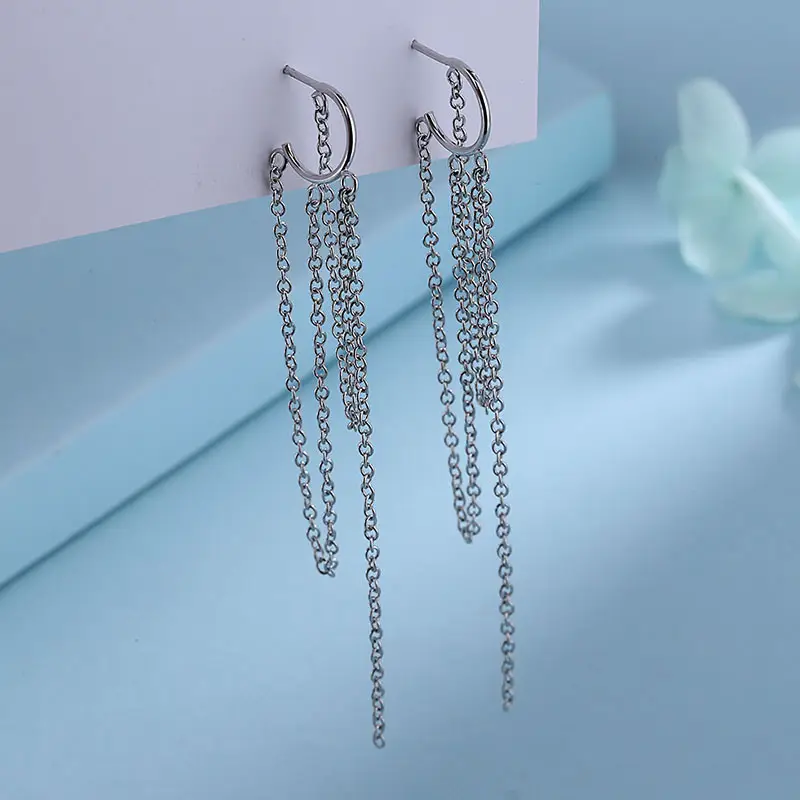 Ancient Cat Nging Chain Tassel Earrings Women's Silver