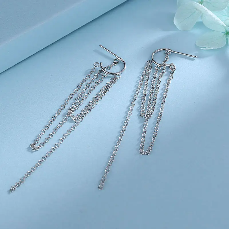 Ancient Cat Nging Chain Tassel Earrings Women's Silver