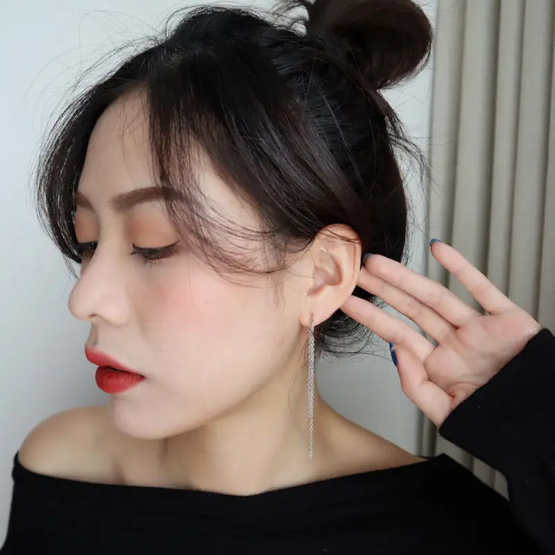 Ancient Cat Nging Chain Tassel Earrings Women's Silver