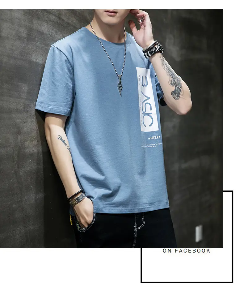 Men Cotton Short Sleeve T-Shirt Light Blue 2020 — feature 11