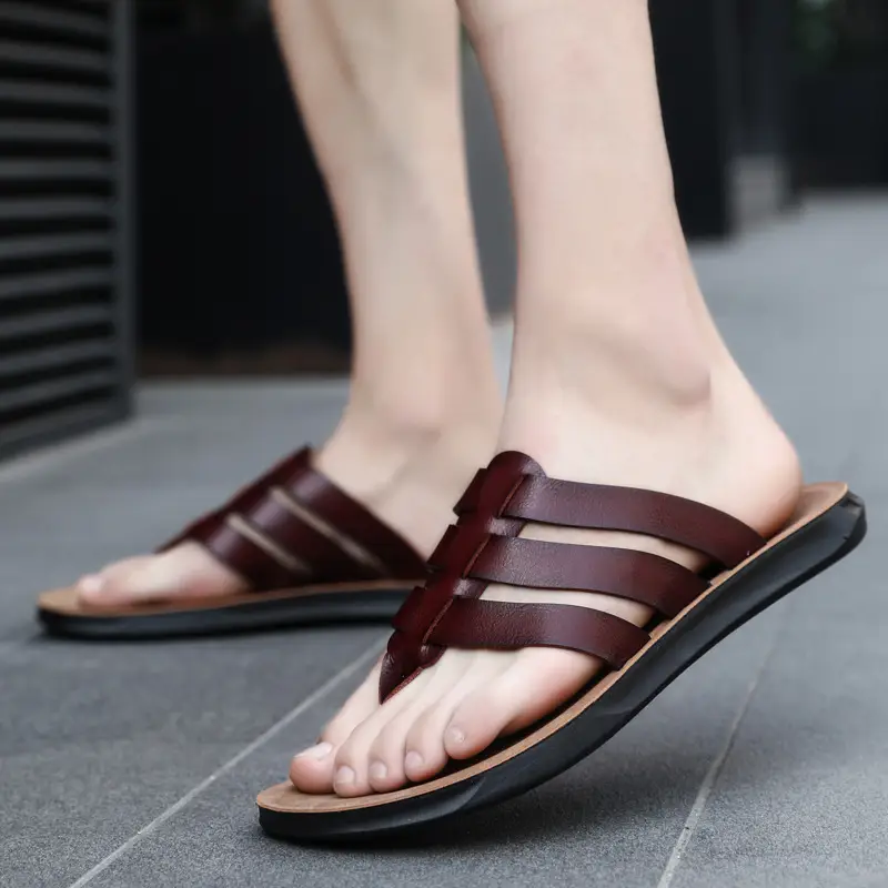 Men's Orange Cross Strap Slippers PU Leather
