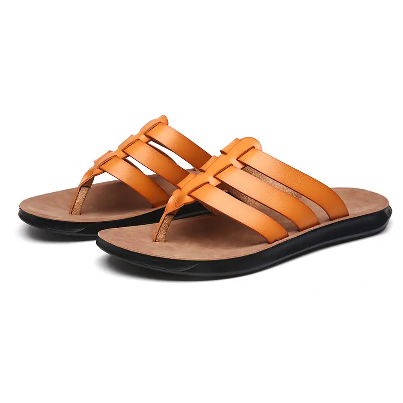 Men's Orange Cross Strap Slippers PU Leather