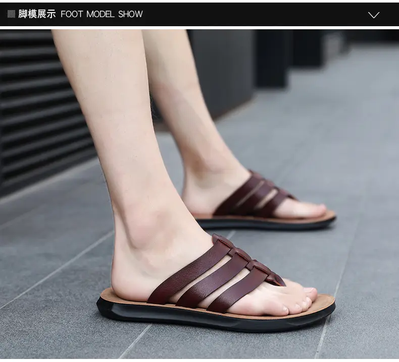 Men's Orange Cross Strap Slippers PU Leather — feature 10