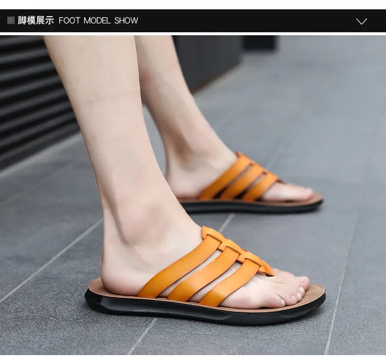 Men's Orange Cross Strap Slippers PU Leather — feature 12