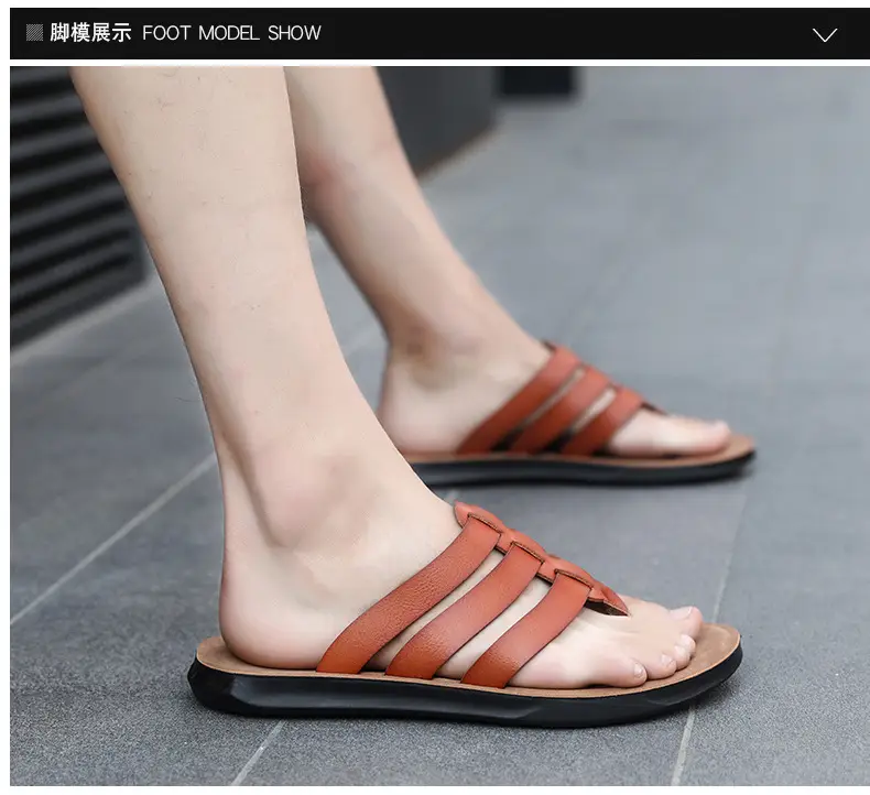 Men's Orange Cross Strap Slippers PU Leather — feature 14