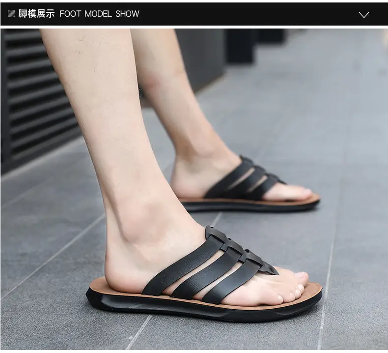 Men's Orange Cross Strap Slippers PU Leather — feature 16