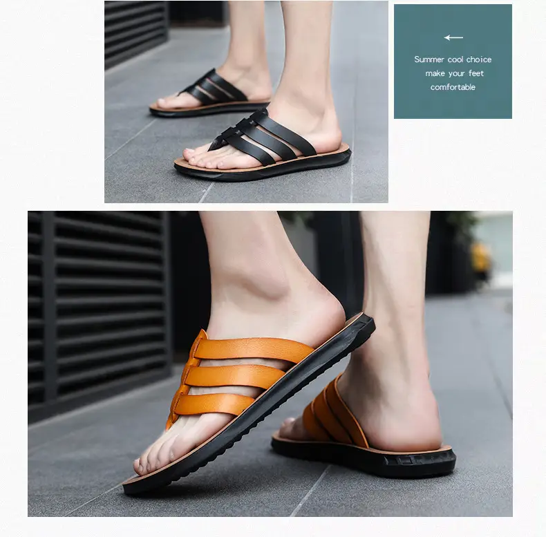Men's Orange Cross Strap Slippers PU Leather — feature 3