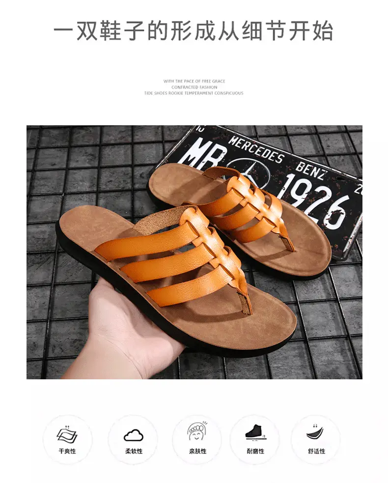 Men's Orange Cross Strap Slippers PU Leather — feature 6