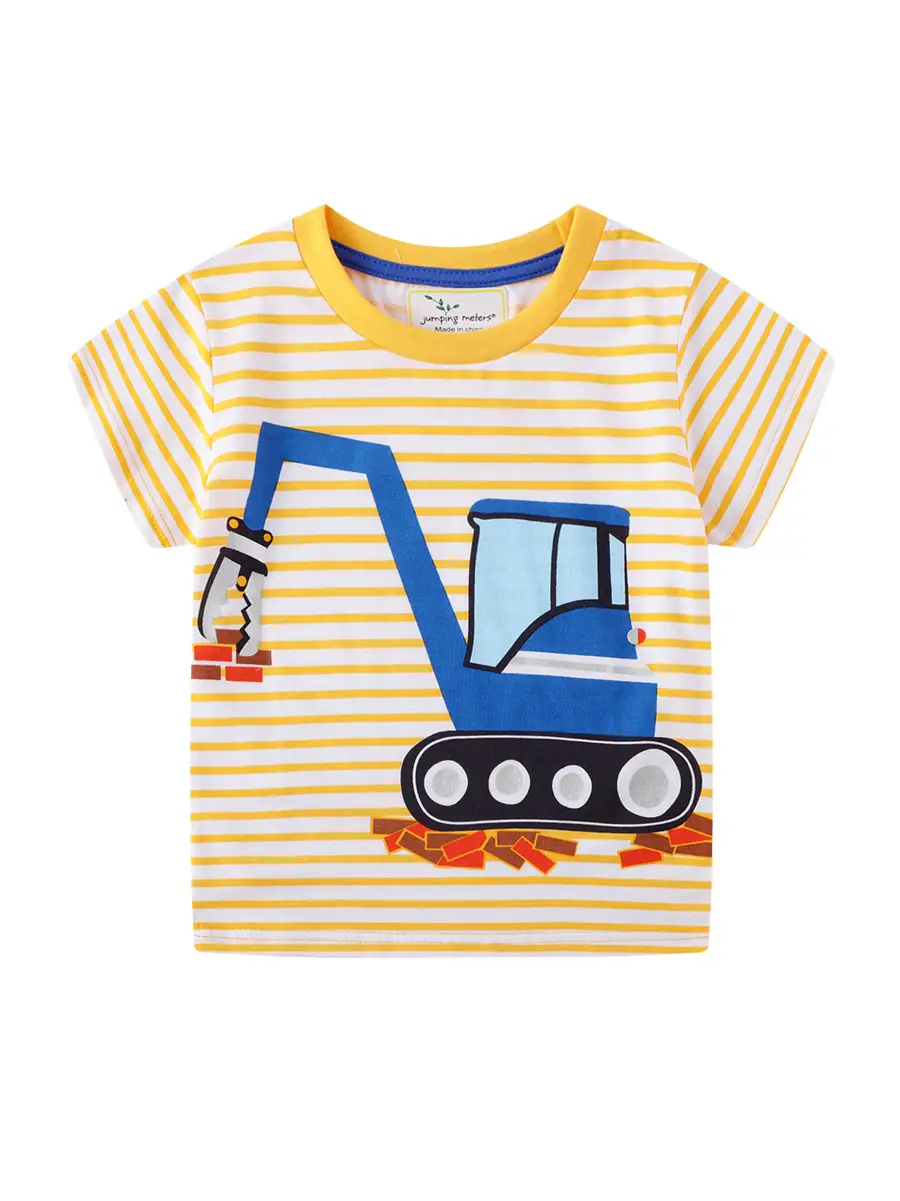 Boys Striped T-Shirt with Construction Car Print - Image 6
