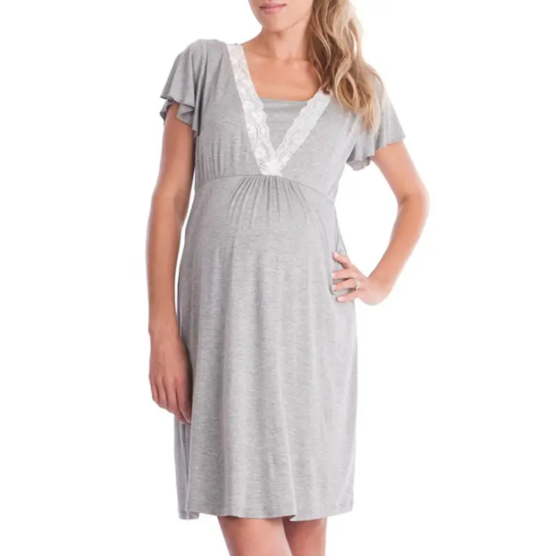 2019 Maternity Nursing Dress Grey Lace Stitching - Image 11