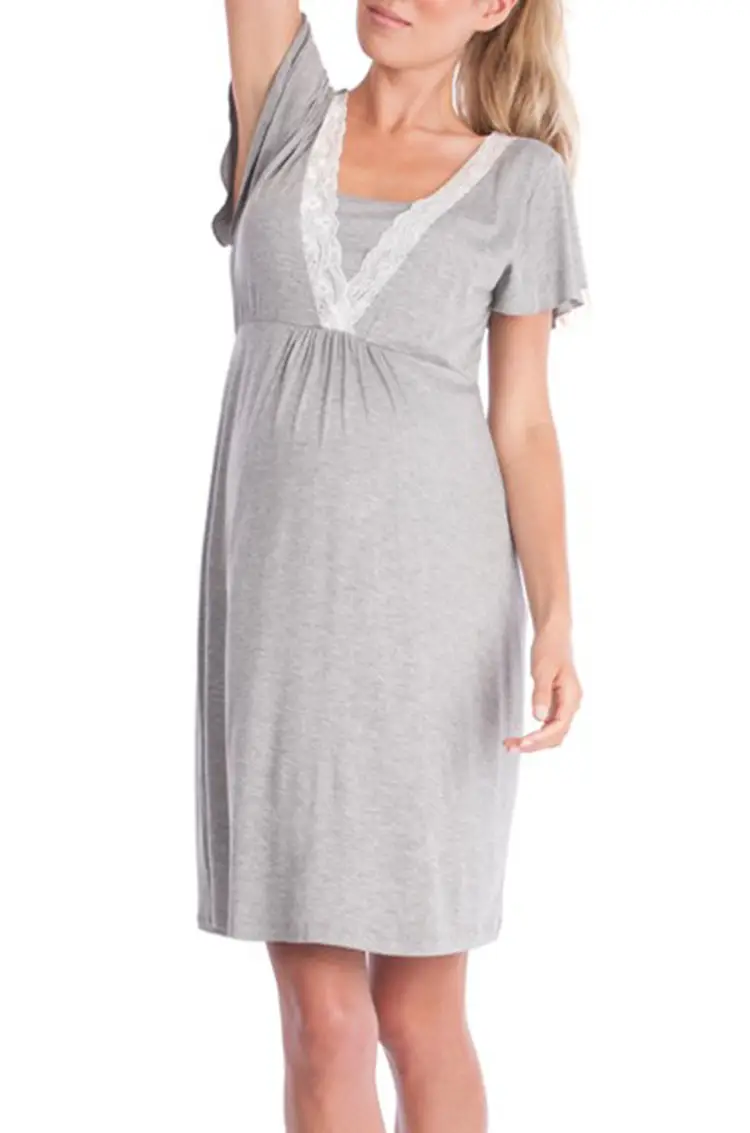 2019 Maternity Nursing Dress Grey Lace Stitching — feature 2