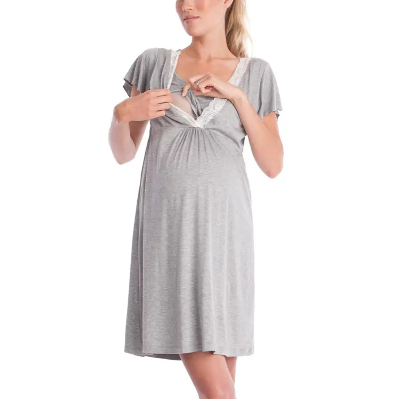 2019 Maternity Nursing Dress Grey Lace Stitching — feature 7