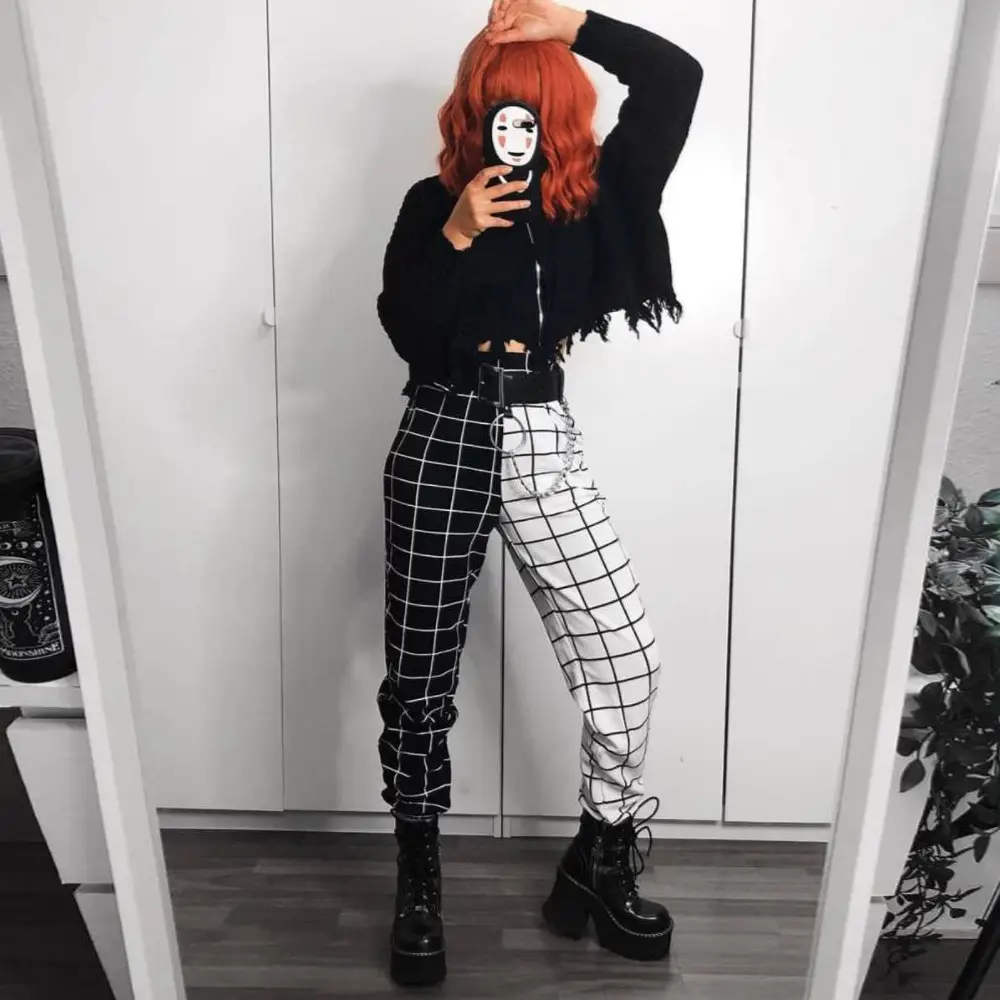 Women's Black White Checkered High Waist Casual Pants