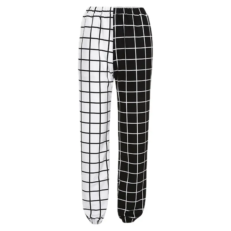 Women's Black White Checkered High Waist Casual Pants