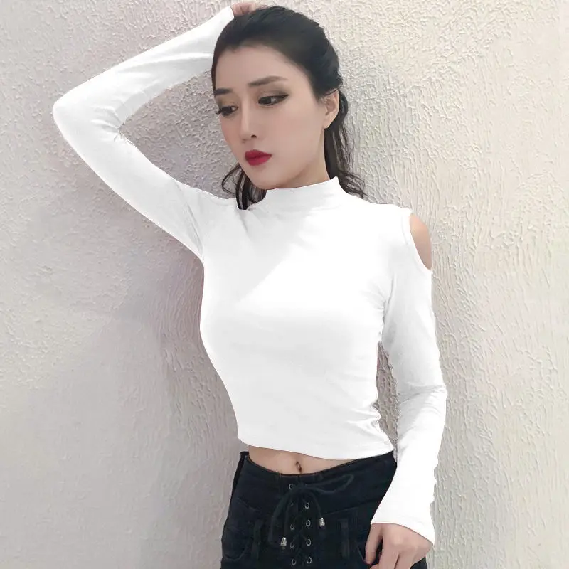 White Long-Sleeve Cold Shoulder Crop Top for Women - Image 3