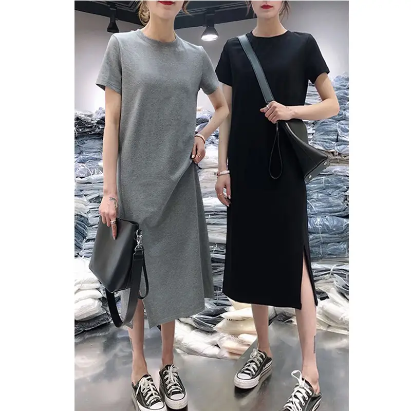 Women Black Slit T-Shirt Mid Length Round Neck