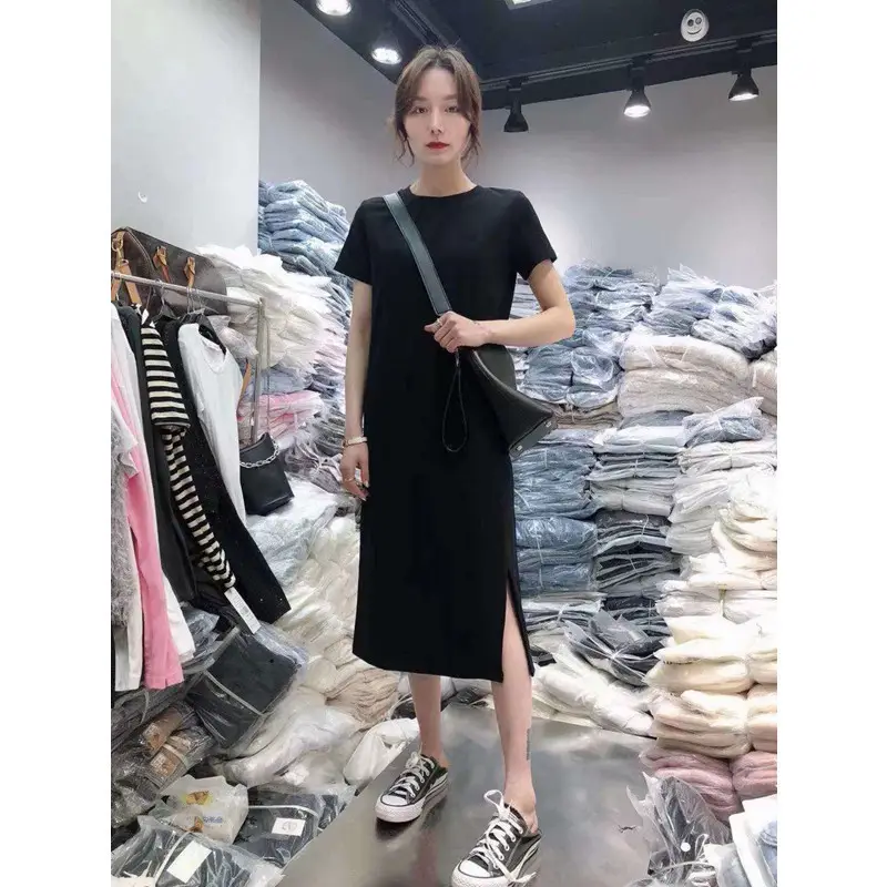 Women Black Slit T-Shirt Mid Length Round Neck