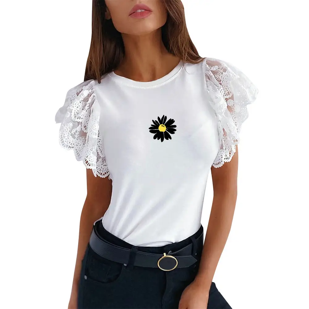 White Lace Short Sleeve Top with Round Neck - Image 9