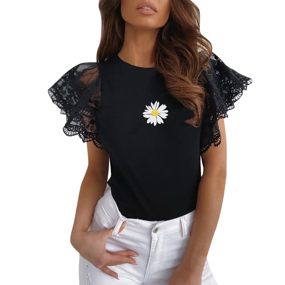 White Lace Short Sleeve Top with Round Neck - Image 10
