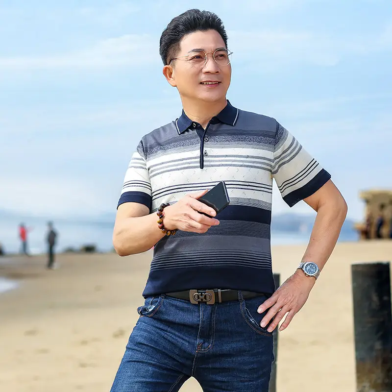 Dad Summer Striped Polo T-Shirt Middle Age Men - Image 3