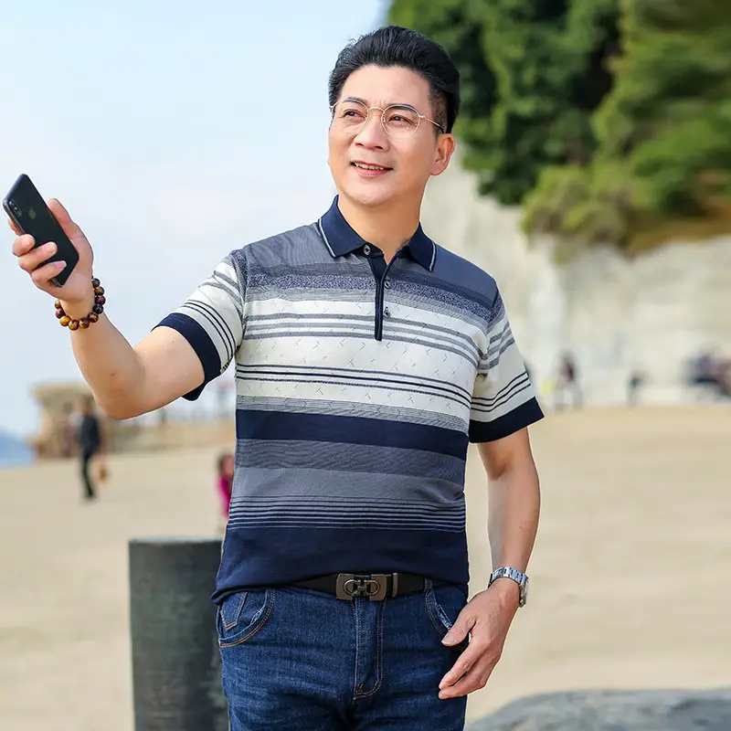 Dad Summer Striped Polo T-Shirt Middle Age Men - Image 4