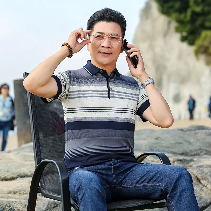 Dad Summer Striped Polo T-Shirt Middle Age Men - Image 5