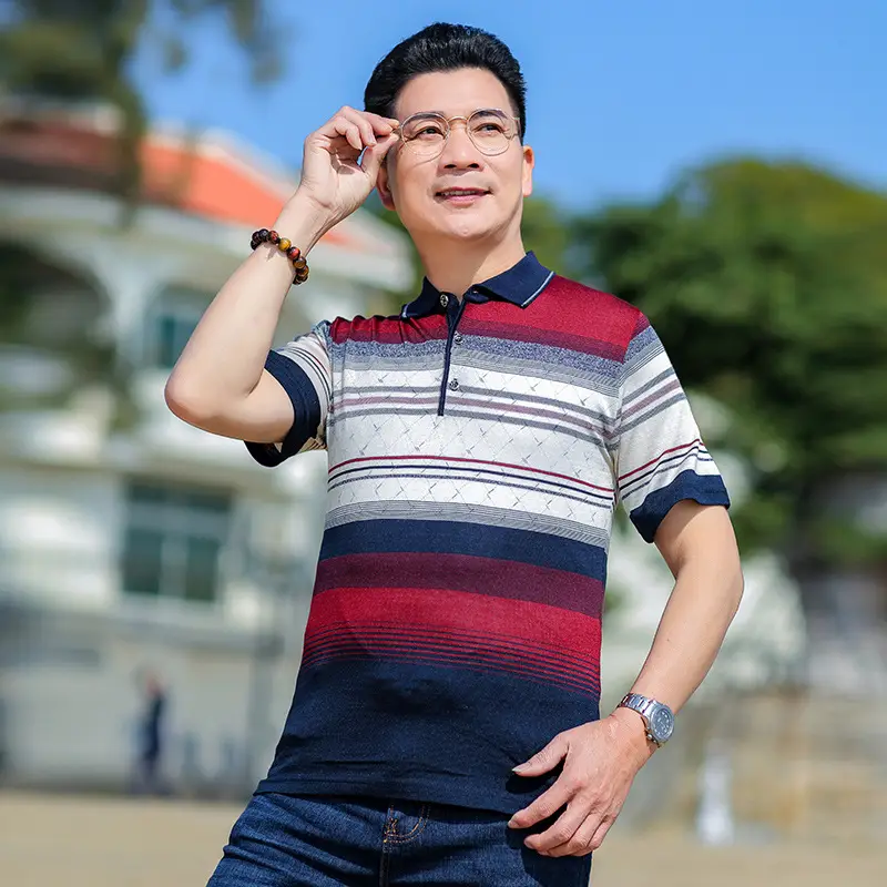Dad Summer Striped Polo T-Shirt Middle Age Men - Image 6