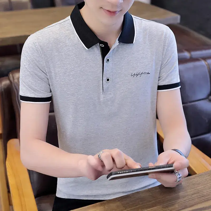 Men Grey Polo T-Shirt Slim Fit Summer Wear - Image 7