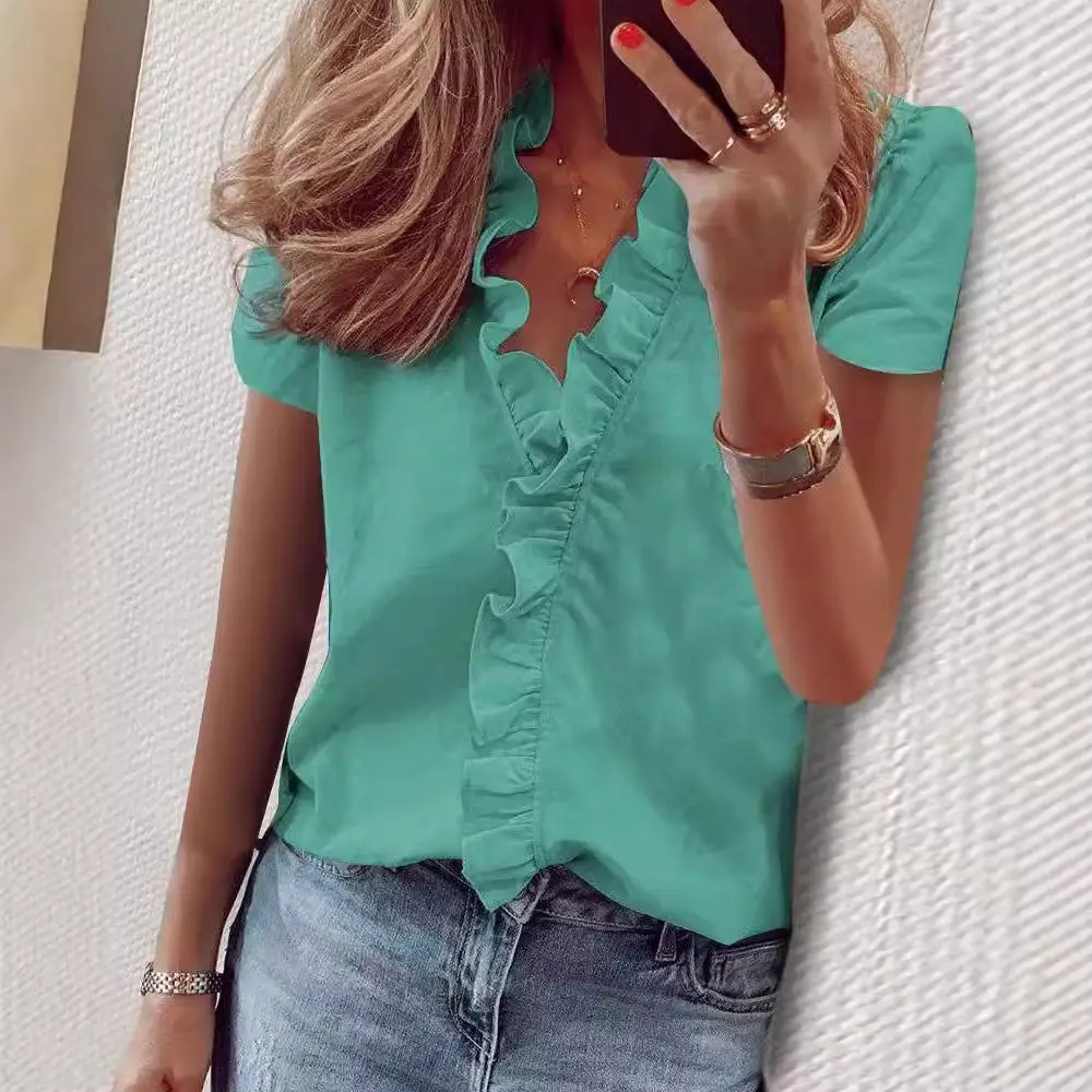 Women Ruffled Crossbody Summer Shirt White Short Sleeve - Image 56