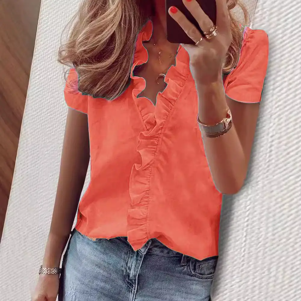Women Ruffled Crossbody Summer Shirt White Short Sleeve - Image 59