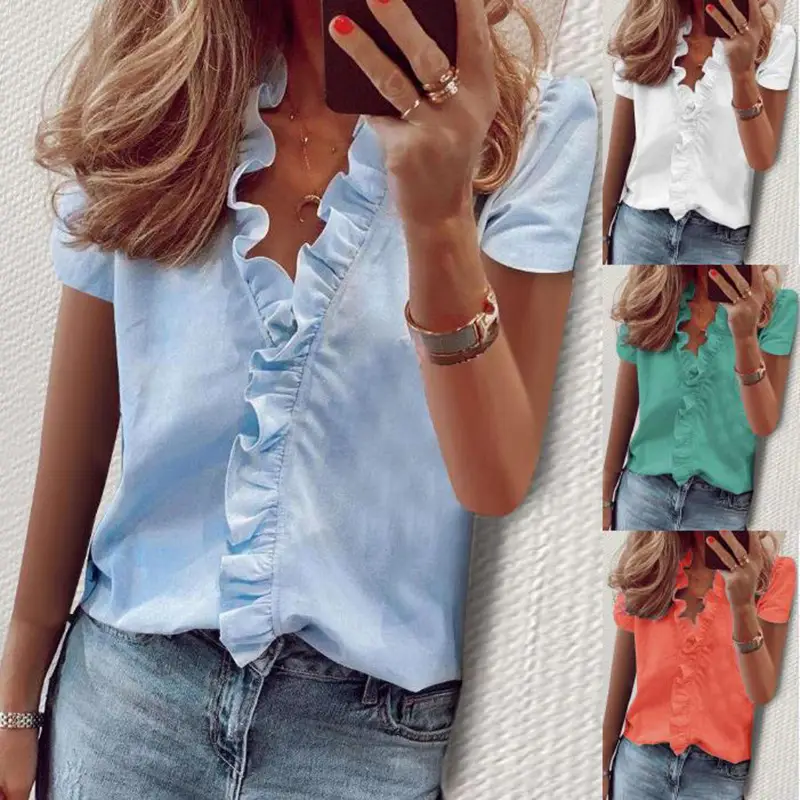 Women Ruffled Crossbody Summer Shirt White Short Sleeve — feature 36