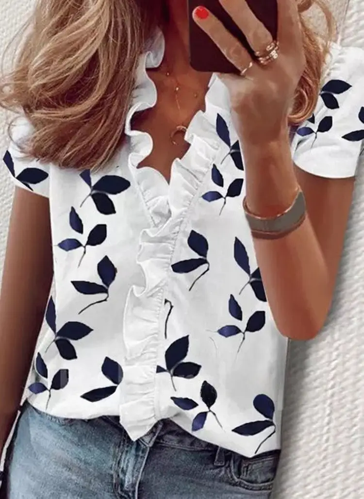 Women Ruffled Crossbody Summer Shirt White Short Sleeve - Image 52