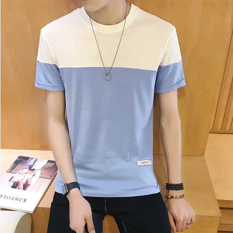 Men Slim Fit Cotton T-Shirt Blue White 2024 - Image 2