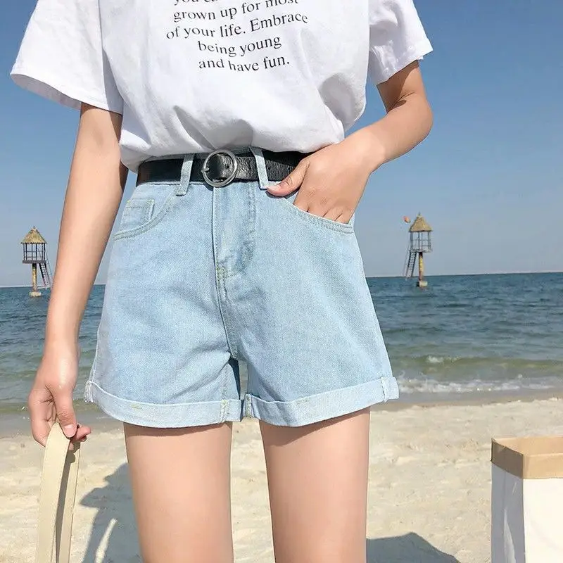 Women 2020 Denim Shorts Loose Wide Leg A-Line Cream - Image 4