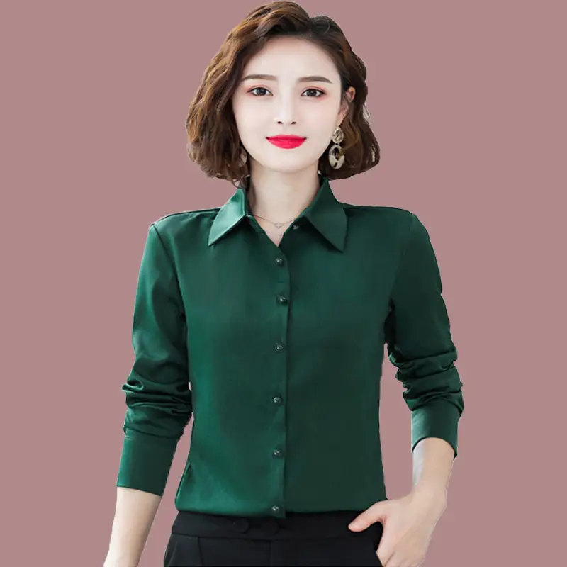 Dark Green Long Sleeve Button-Down Shirt for Women - Image 3