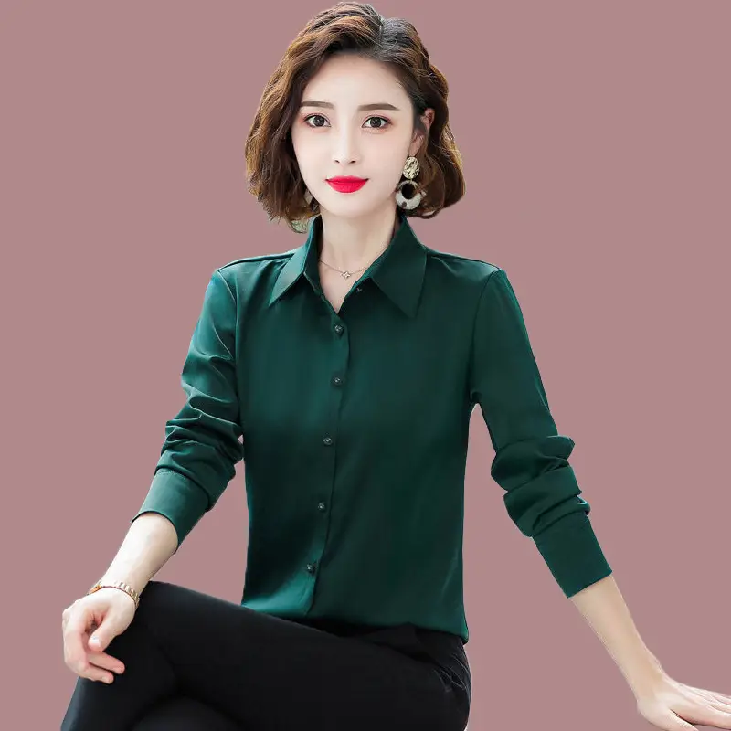Dark Green Long Sleeve Button-Down Shirt for Women - Image 4