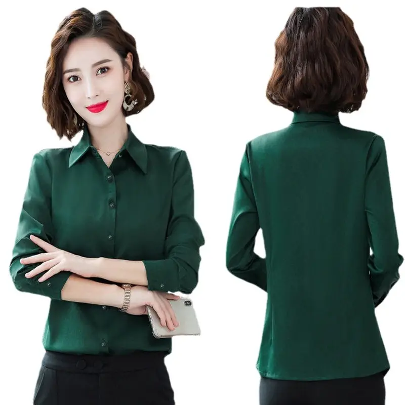 Dark Green Long Sleeve Button-Down Shirt for Women - Image 5