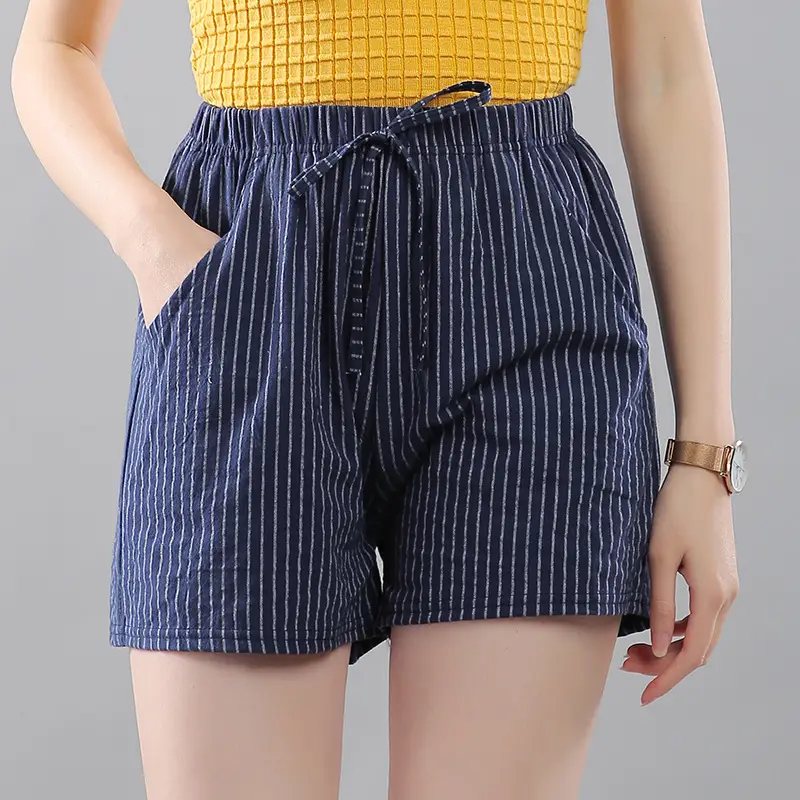 Women Black Striped Cotton Shorts Plus Size 2021 - Image 8