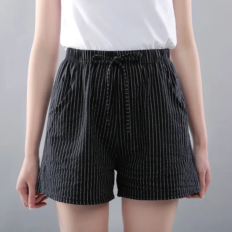 Women Black Striped Cotton Shorts Plus Size 2021 - Image 9