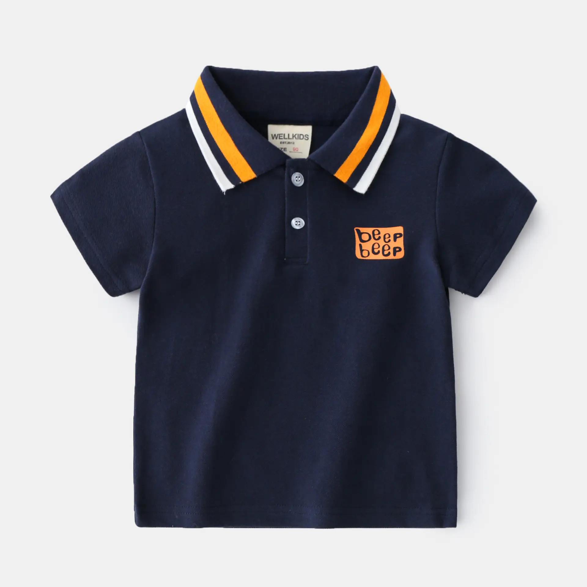 Boys Navy Blue Polo Shirt with Yellow Trim - Image 4