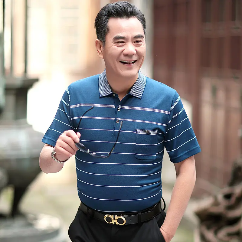 Dad's Blue Striped Polo T-Shirt Summer Middle-aged Men - Image 6