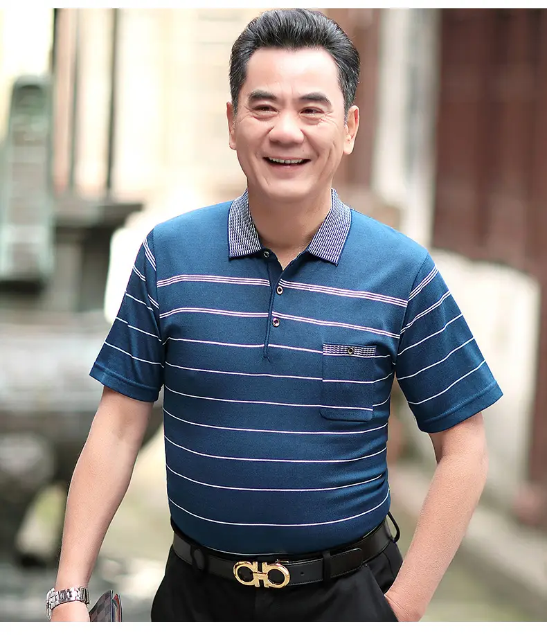 Dad's Blue Striped Polo T-Shirt Summer Middle-aged Men — feature 10