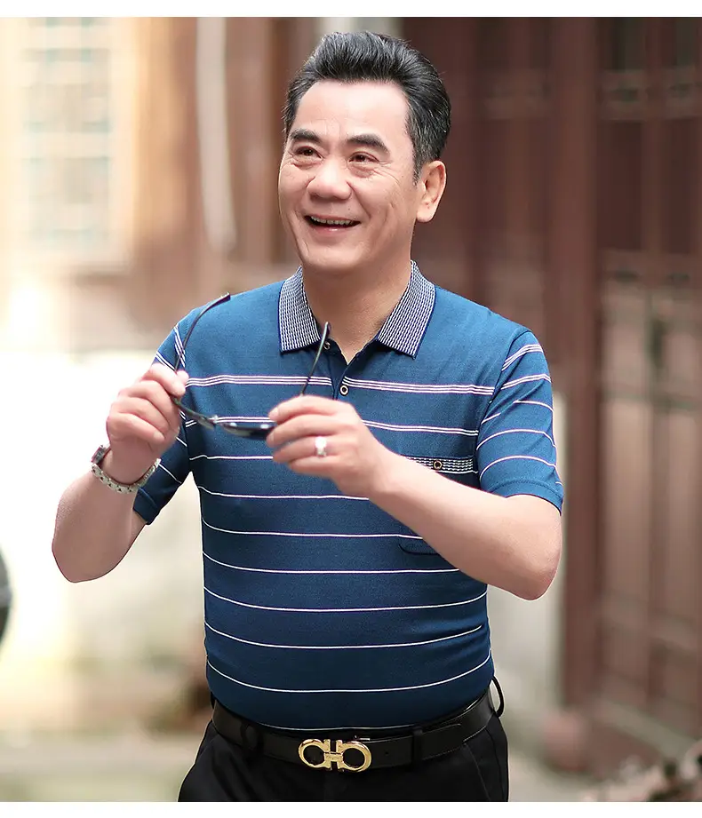 Dad's Blue Striped Polo T-Shirt Summer Middle-aged Men — feature 12