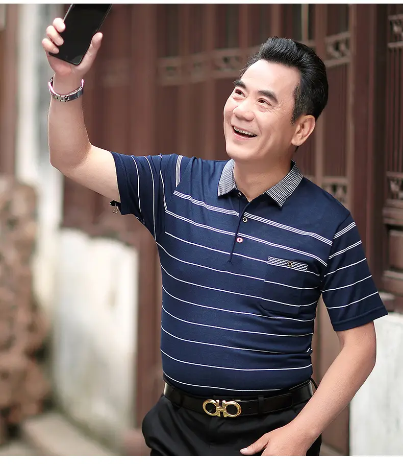 Dad's Blue Striped Polo T-Shirt Summer Middle-aged Men — feature 14