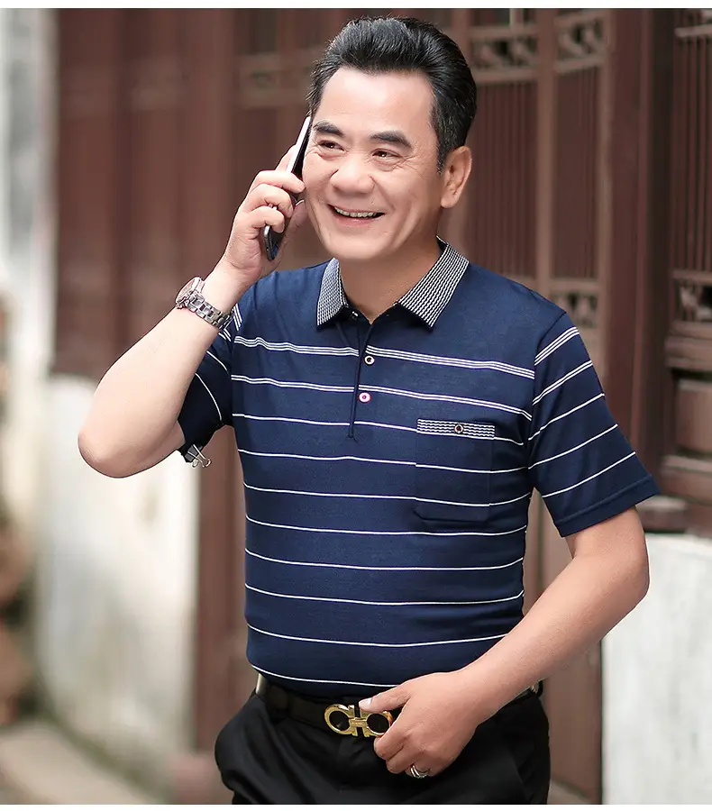 Dad's Blue Striped Polo T-Shirt Summer Middle-aged Men — feature 15