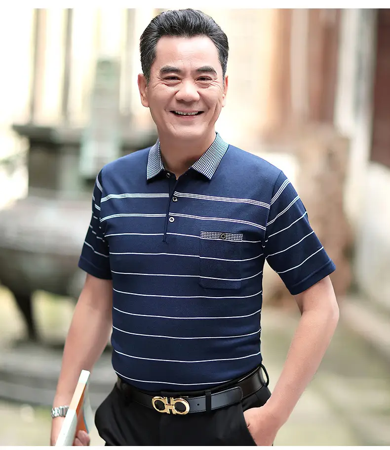 Dad's Blue Striped Polo T-Shirt Summer Middle-aged Men — feature 16
