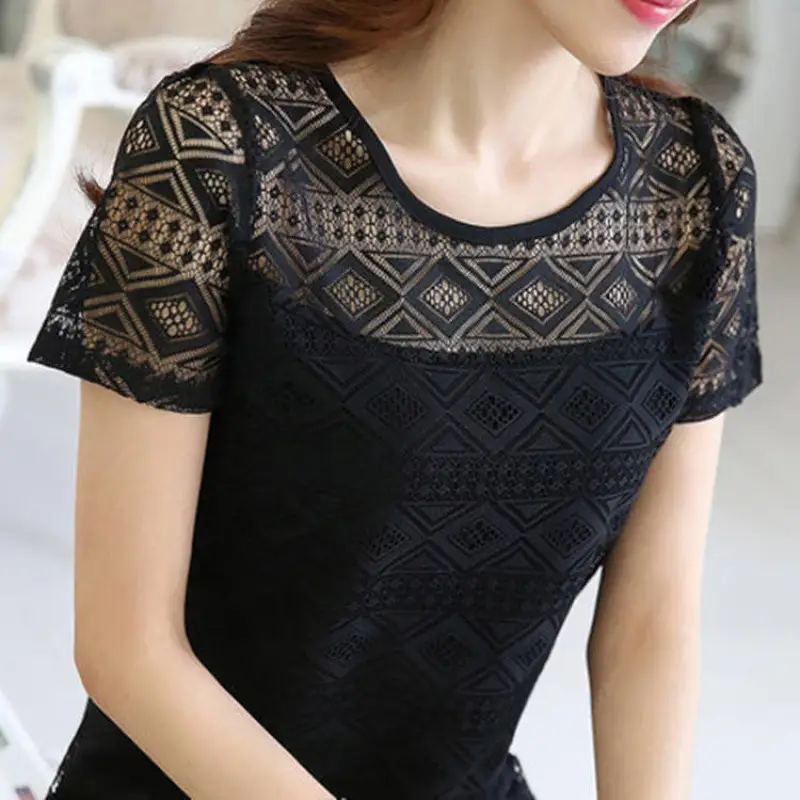 Black Lace Chiffon T-Shirt Women Slim Fit 2022