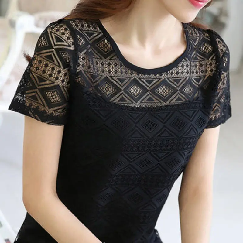 Black Lace Chiffon T-Shirt Women Slim Fit 2022