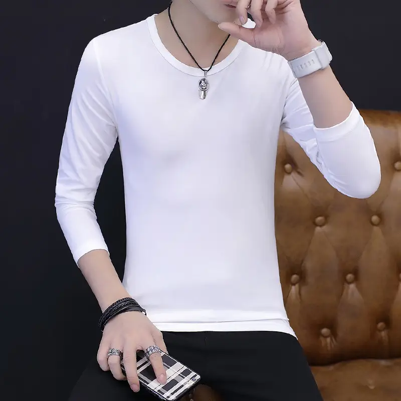 Men's Pure White Long Sleeve T-Shirt Slim Fit All Year - Image 4