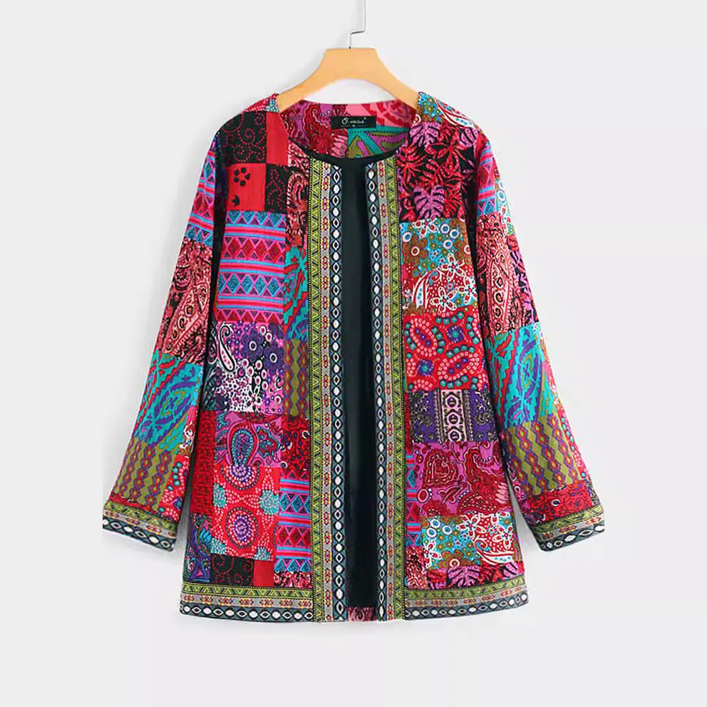 2023 Vintage Cotton Printed Long Sleeve Coat Multicolor - Image 5
